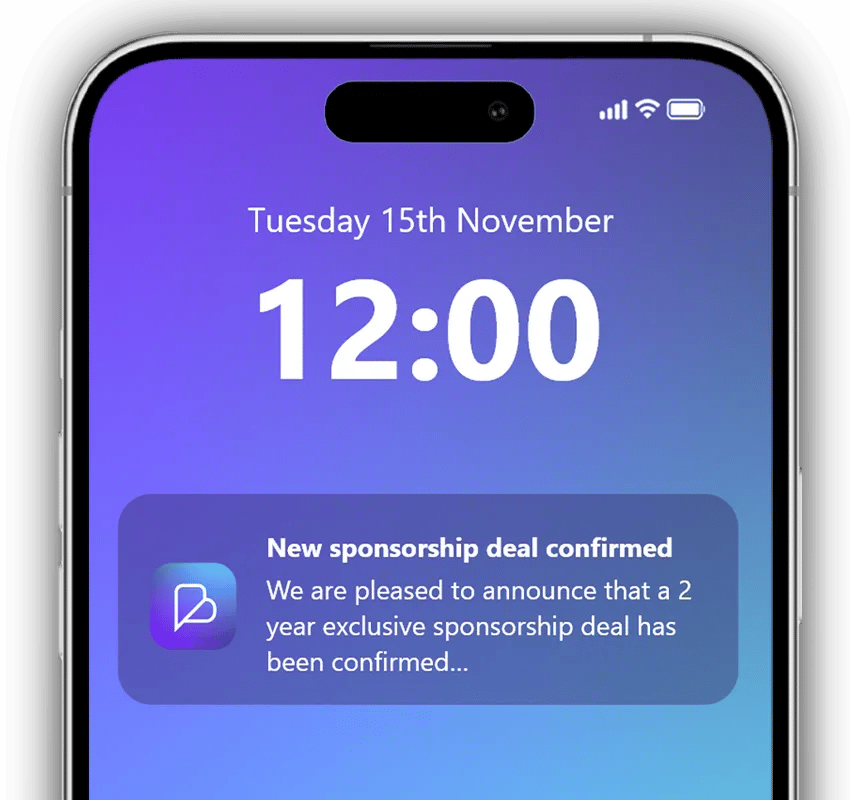 Screenshot of a phone showing a notification saying "New sponsorship deal confirmed" from Belong, a player management and communication app