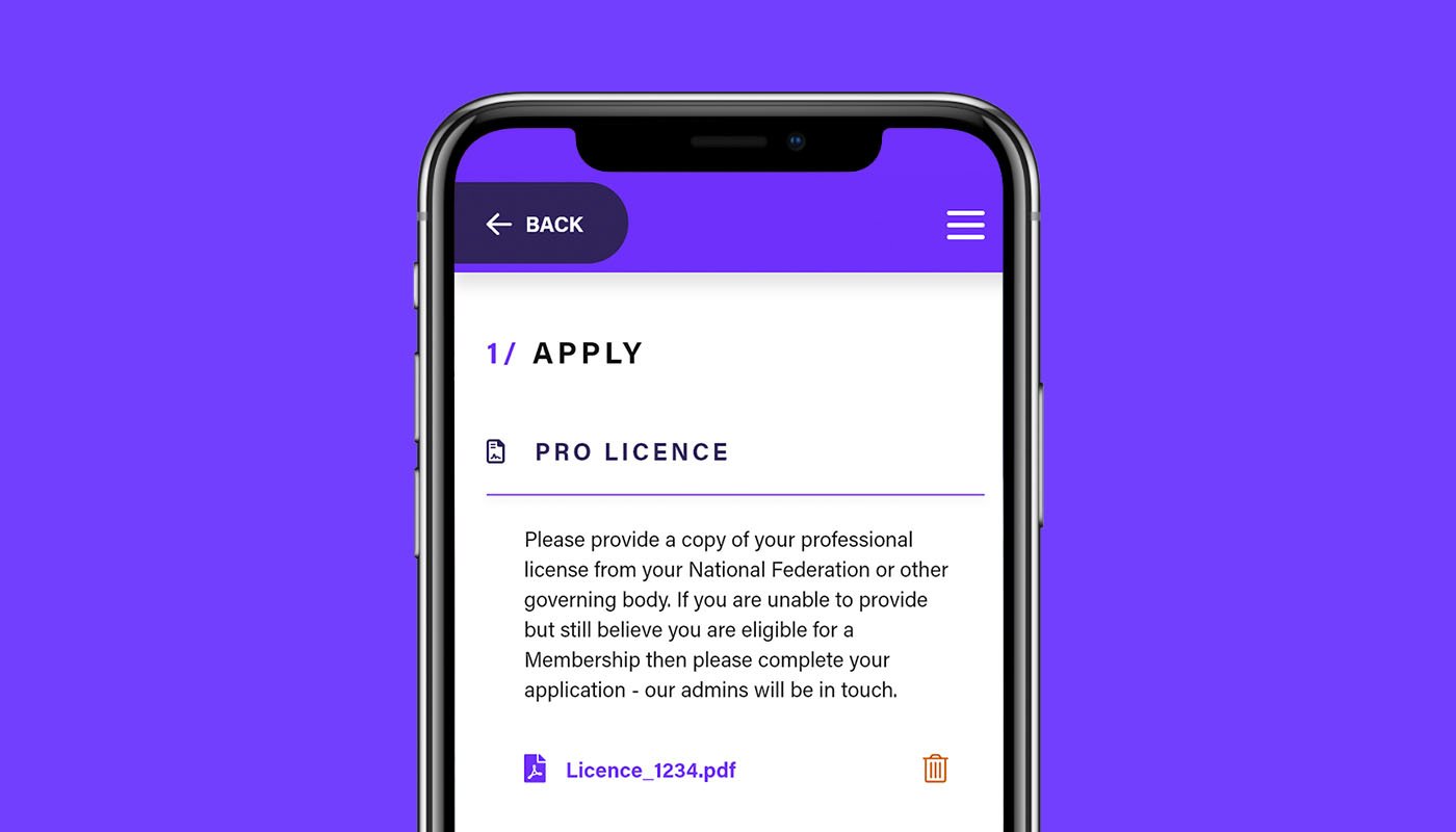 An image showing the process for an athlete applying for membership on Belong on their phone